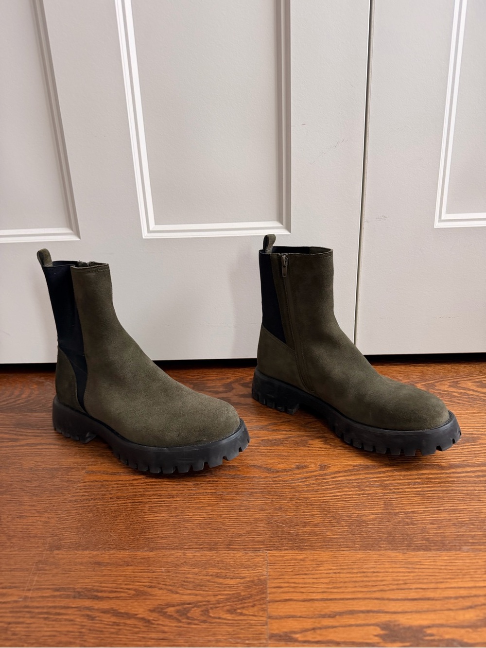 Vaneli Olive Green Suede Chelsea Lug Booties
